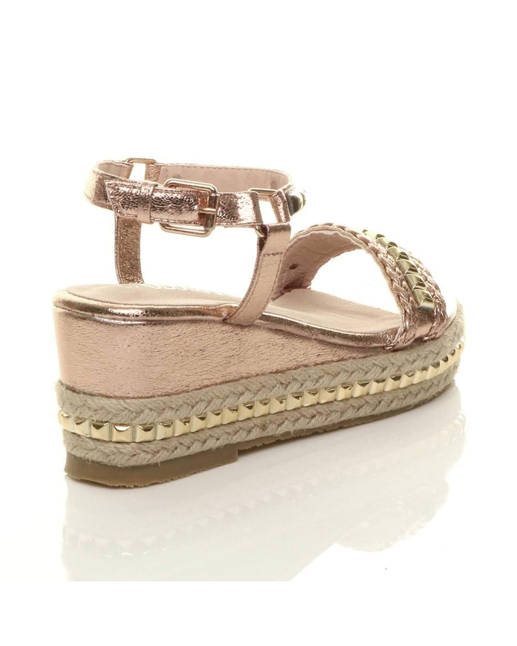 AJVANI Metallic Mid Wedge Heel Studded Flatform Sandals Espadrilles
