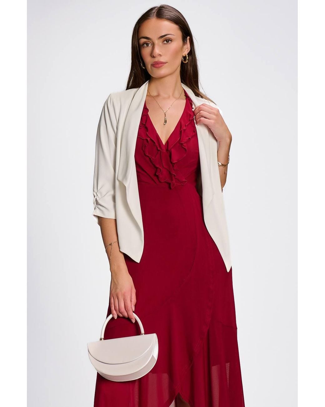 Jolie Moi Red Draped Open Collar Blazer