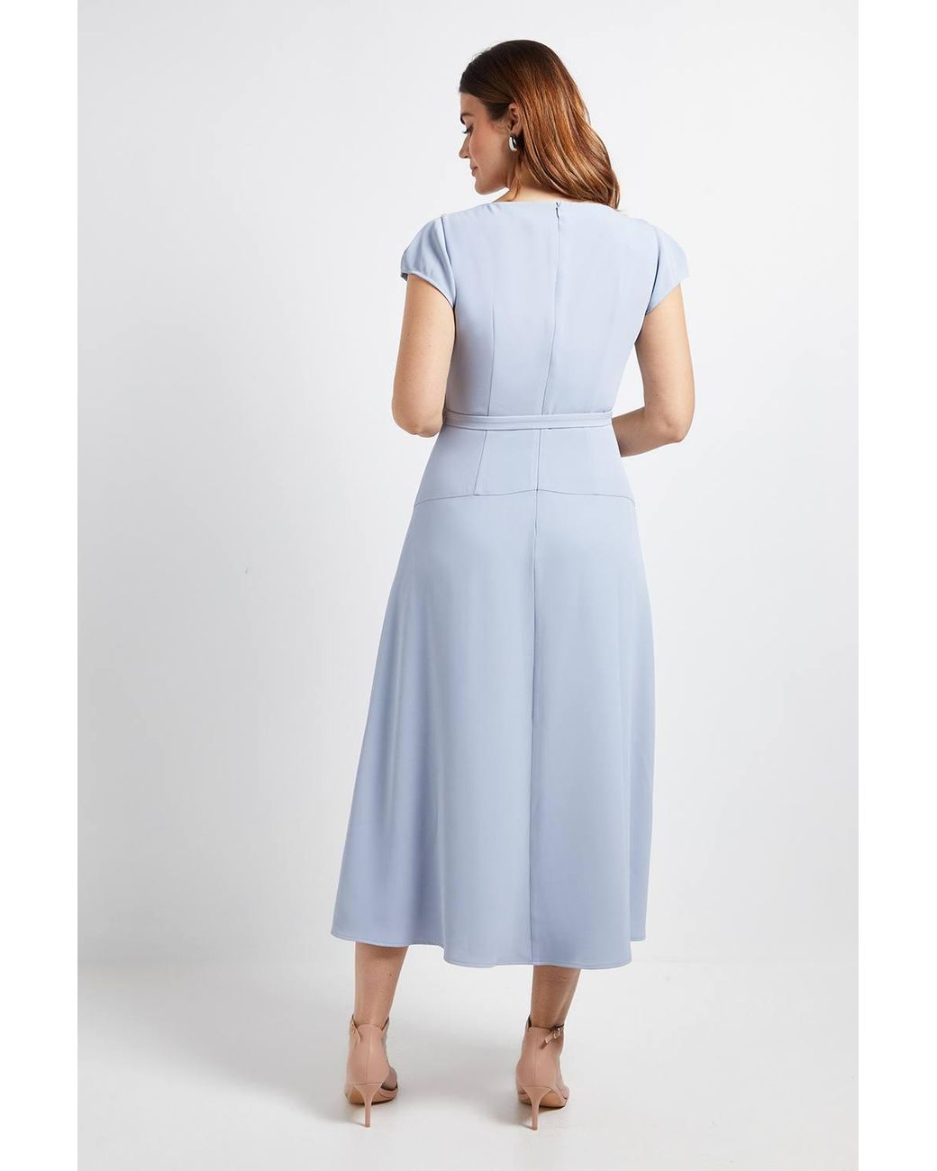 Wallis Blue Crepe Belted Cap Sleeve Midi Dress