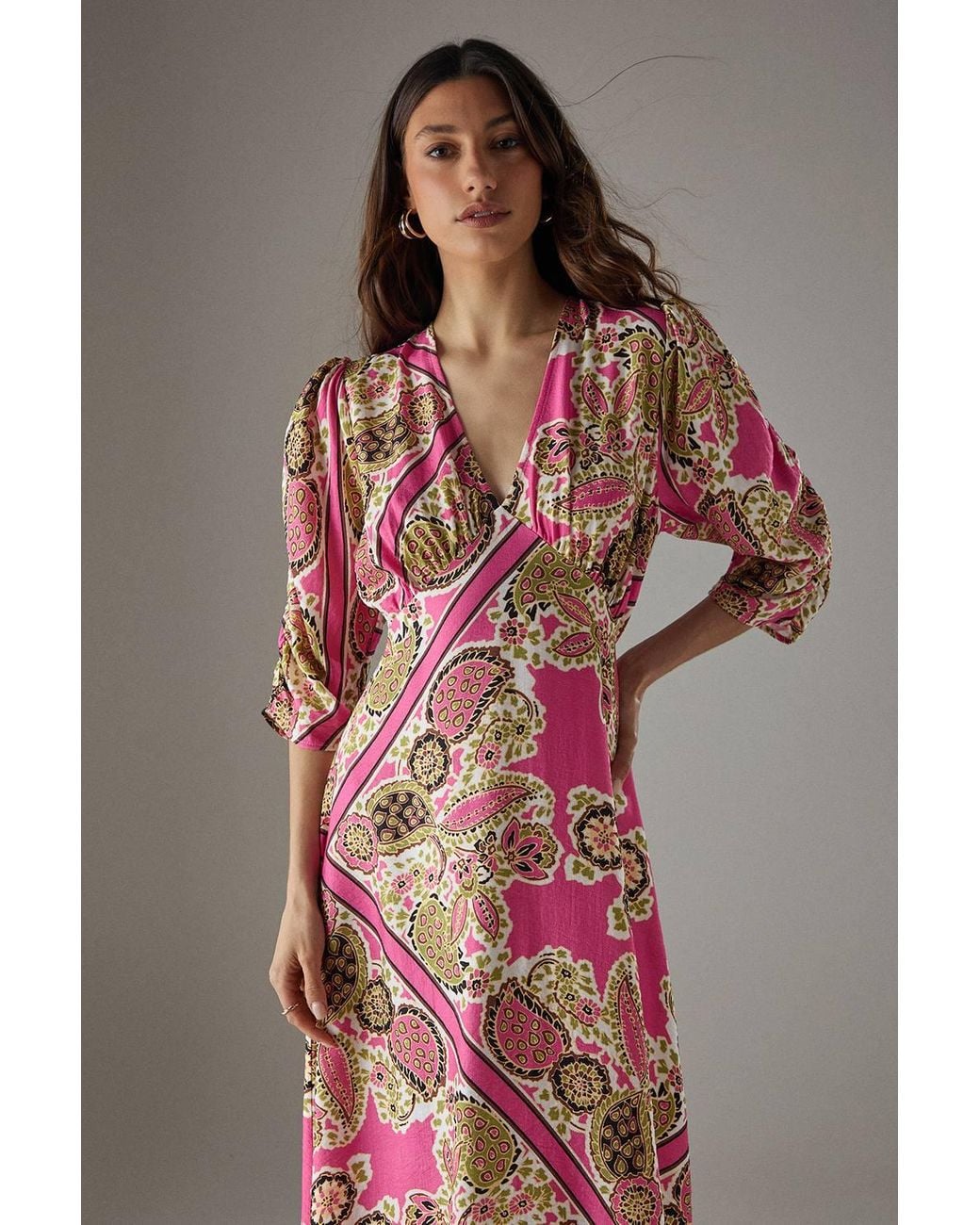 Warehouse Multicolor Viscose Paisley V Neck Puff Sleeve Midi Dress