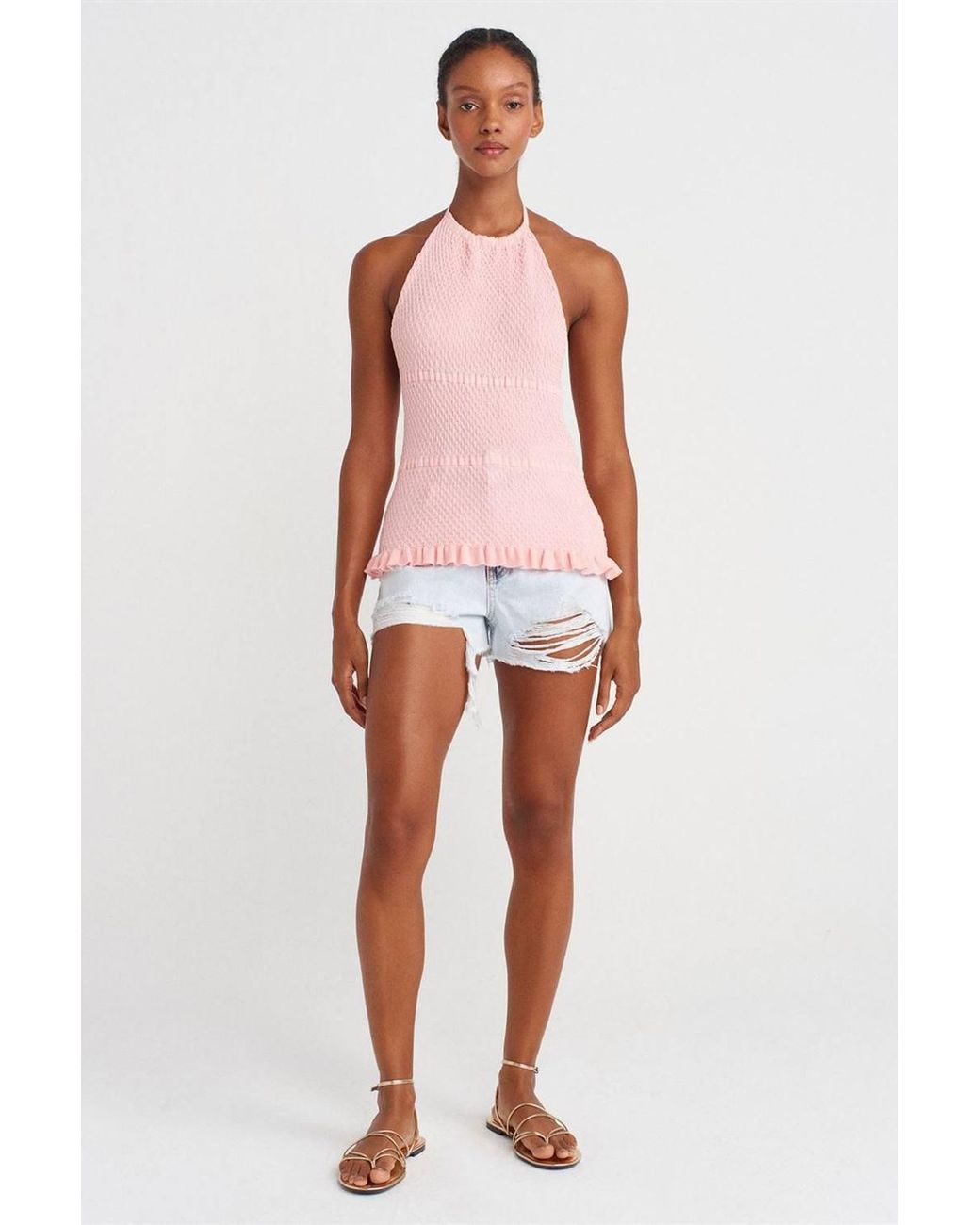 Dilvin White Slim Fit Halter-Neck Knit Blouse