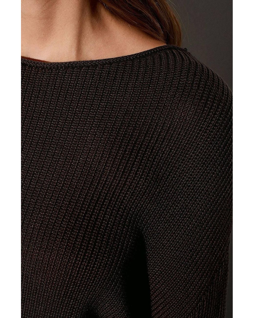 Dilvin Brown Ribbed Boat Neck Knit Sweater