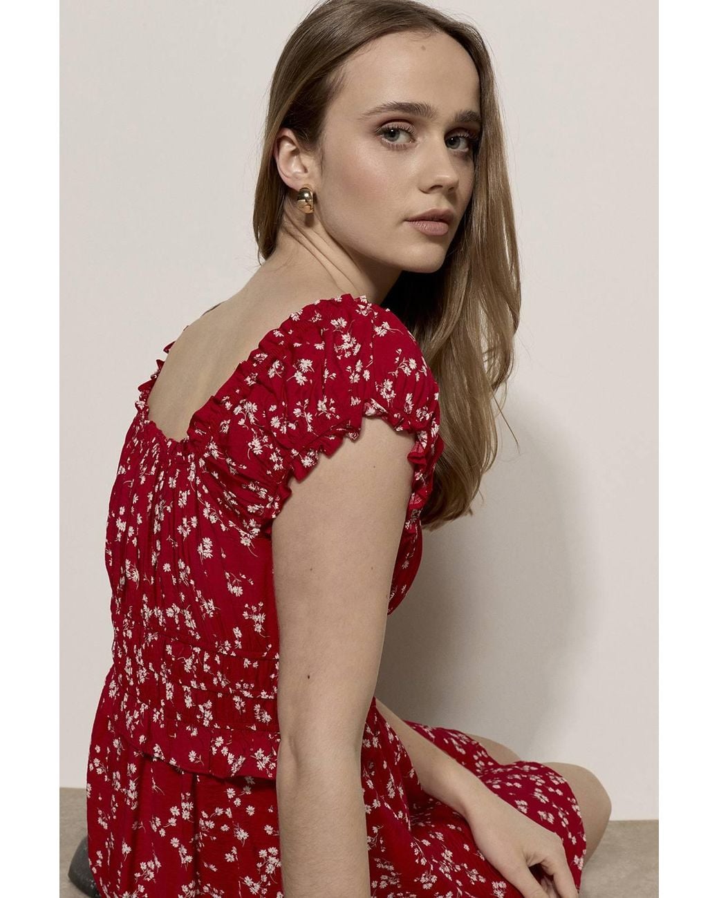Apricot Red Floral Ruffle Mini Dress