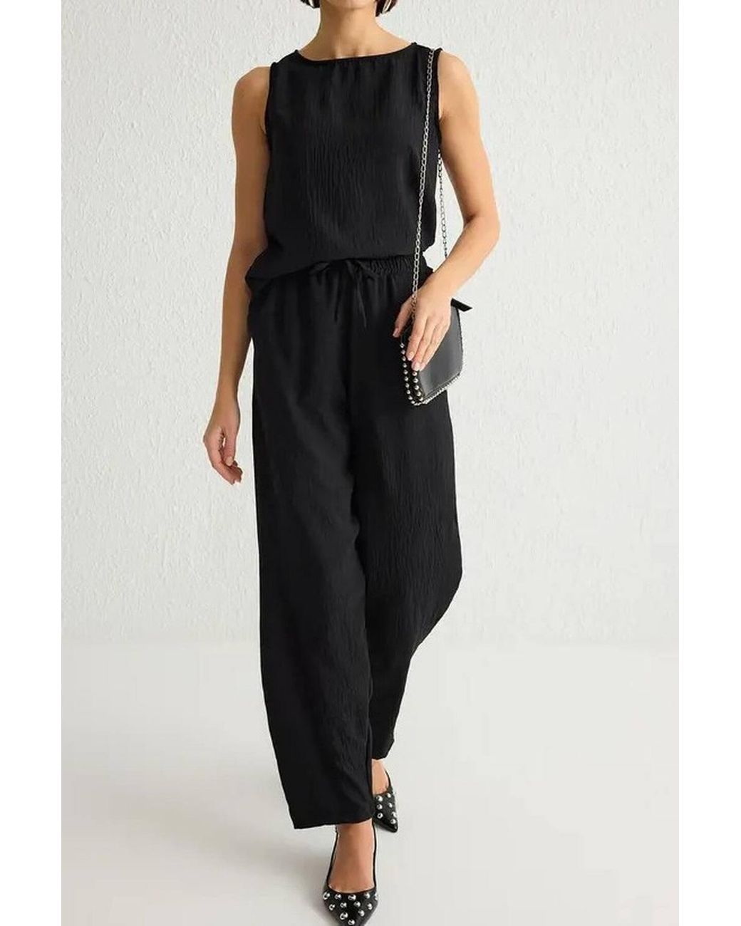 WOVCOR Black Sleeveless Textured Wide Leg Co Ord Set W/ Tie Waist