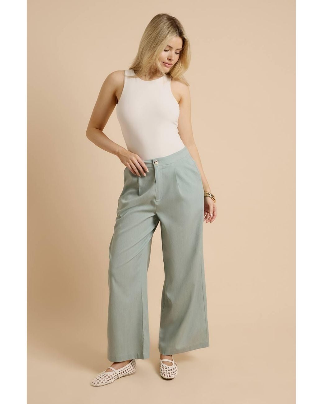 Dorothy Perkins Green Pleat Front Wide Leg Trouser