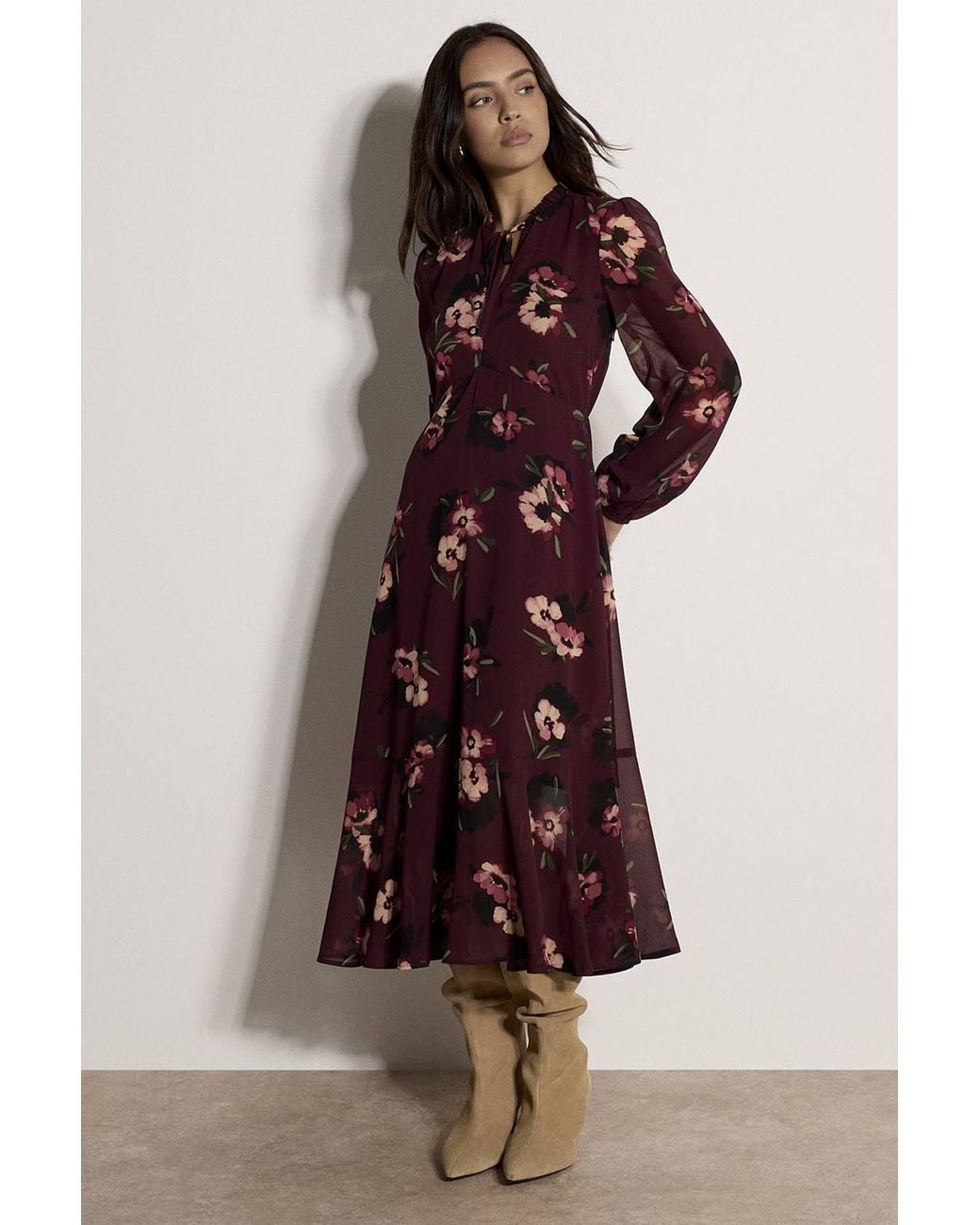 Apricot Brown Floral Print Chiffon Midi Dress