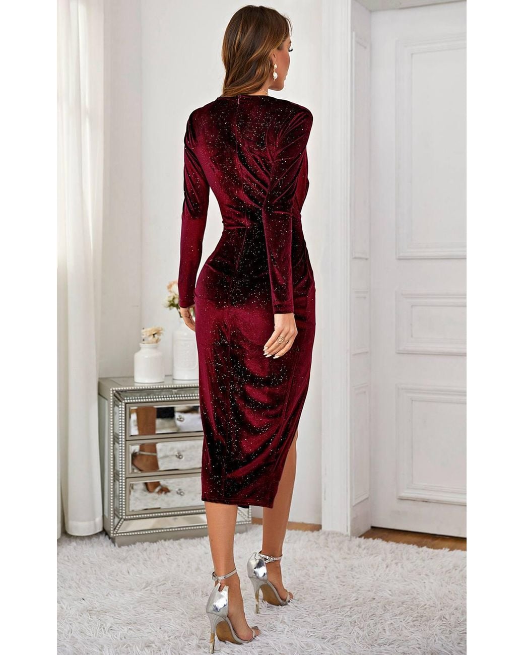 FS Collection Red Star Night Sky Velvet Wrap Long Sleeve Midi Dress