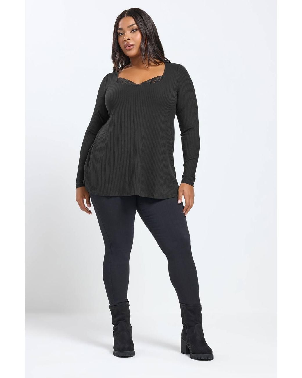 Yours Black Lace Insert Ribbed Top