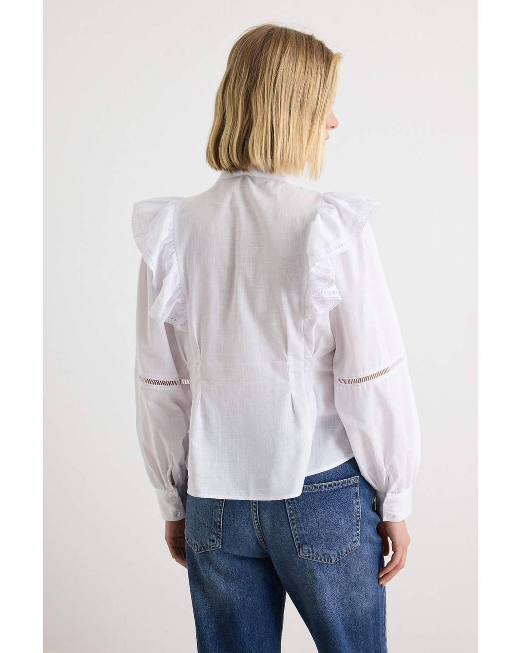 WOVCOR White Ruffle Detail Boho Long Sleeve Shirt