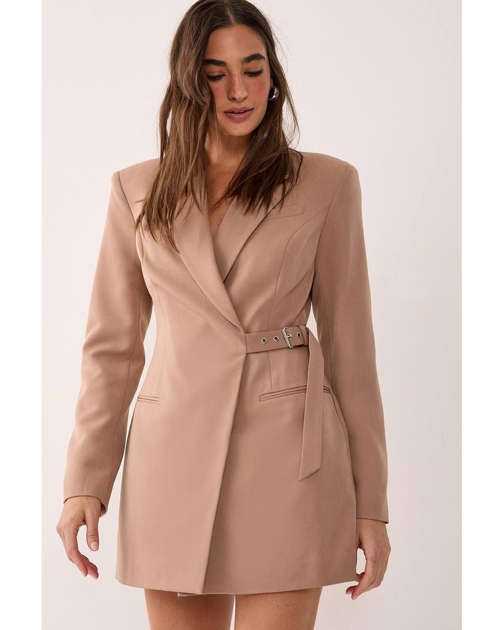 Nasty Gal Brown Tailored Belted Shoulder Pad Blazer Dress