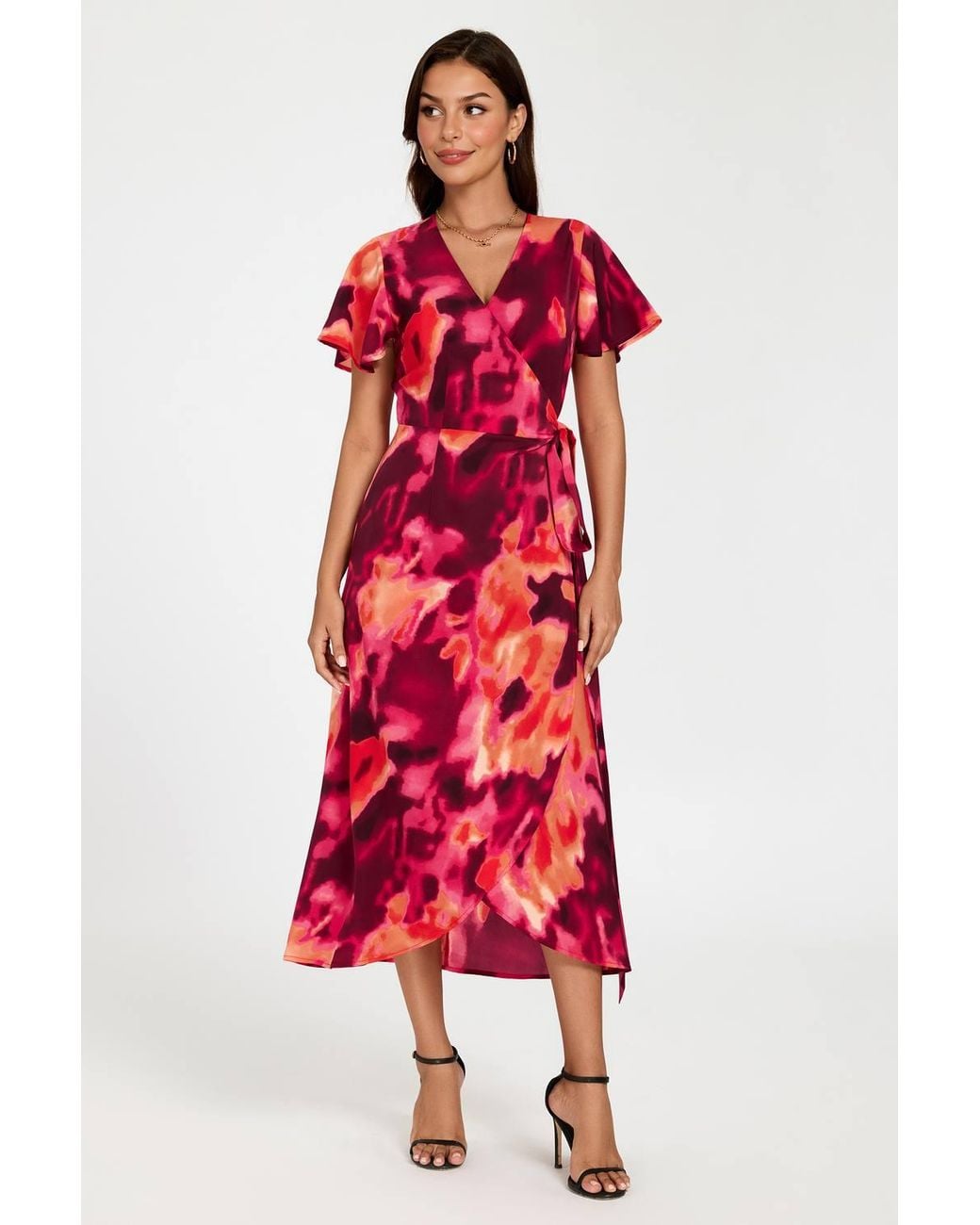 FS Collection Red Abstract Print Wrap Maxi Dress