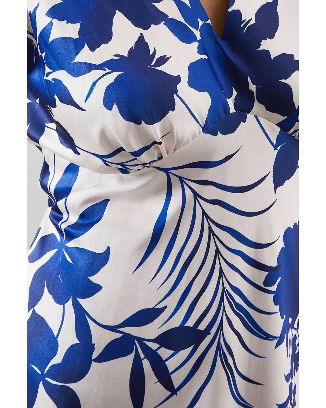 Wallis Blue Floral Print Bias Cut Satin V Neck Dress
