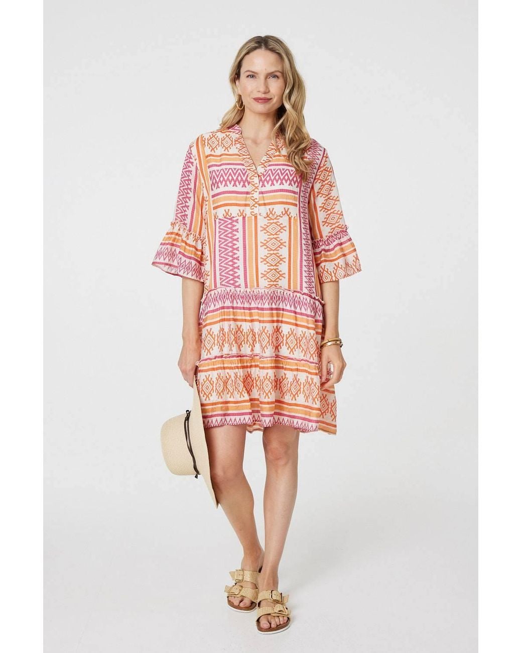 Izabel London Pink Aztec Print V-Neck 3/4 Sleeve Short Dress