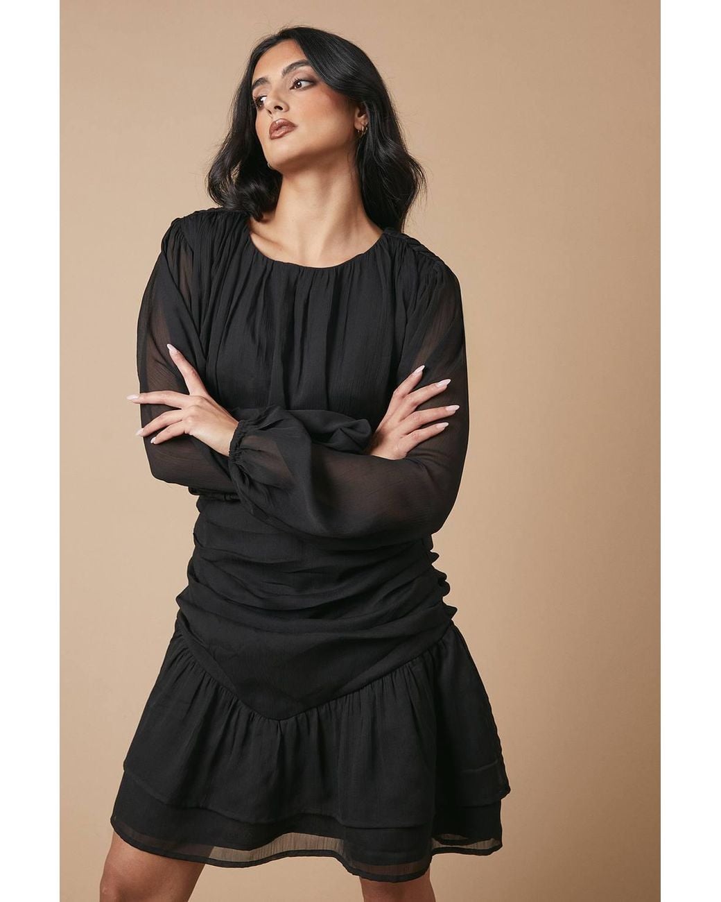 Oasis Black Chiffon Gathered Ruched Mini Dress
