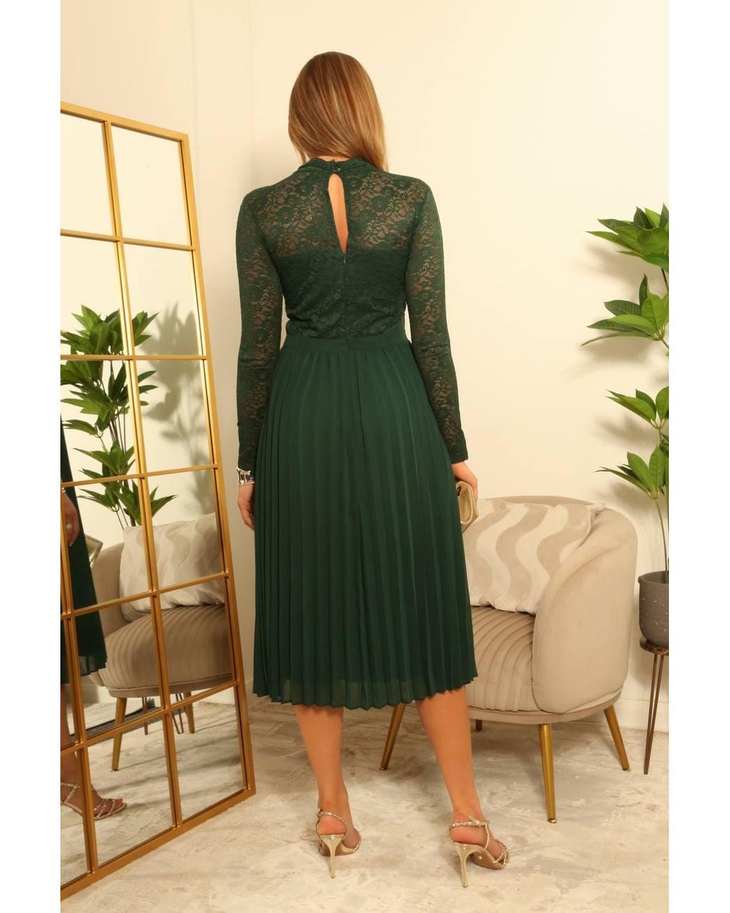 Double Second Green Long Sleeve Twist Lace Neck Midi Dress