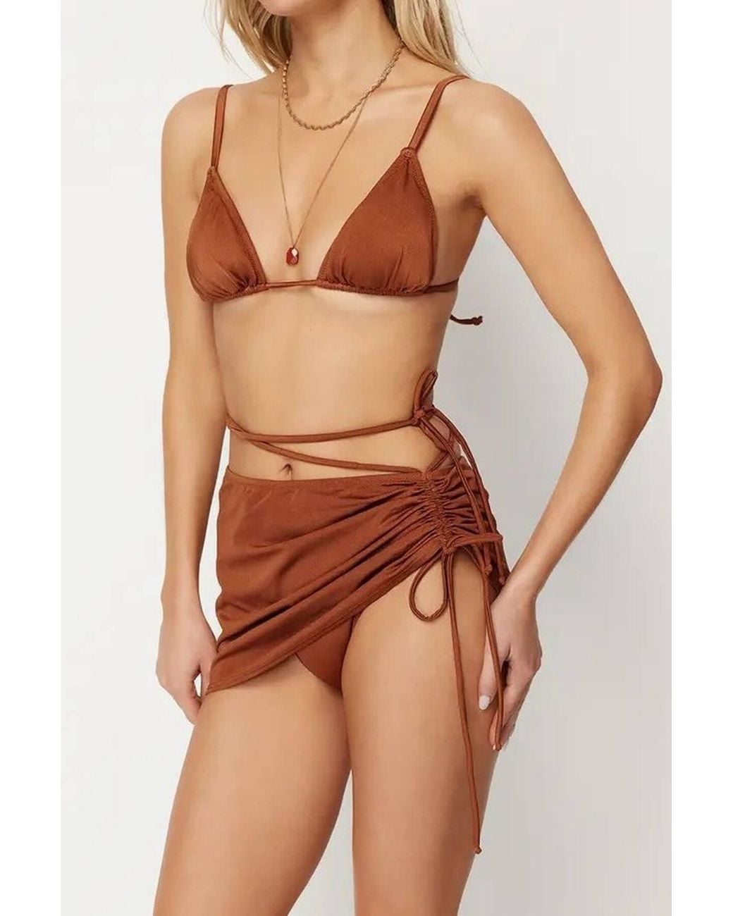 WOVCOR Brown Triangle Bikini Set W/ Tie Side Skirt Detail