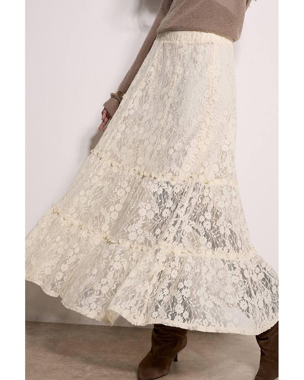 Apricot Brown Floral Lace Tiered Midi Skirt