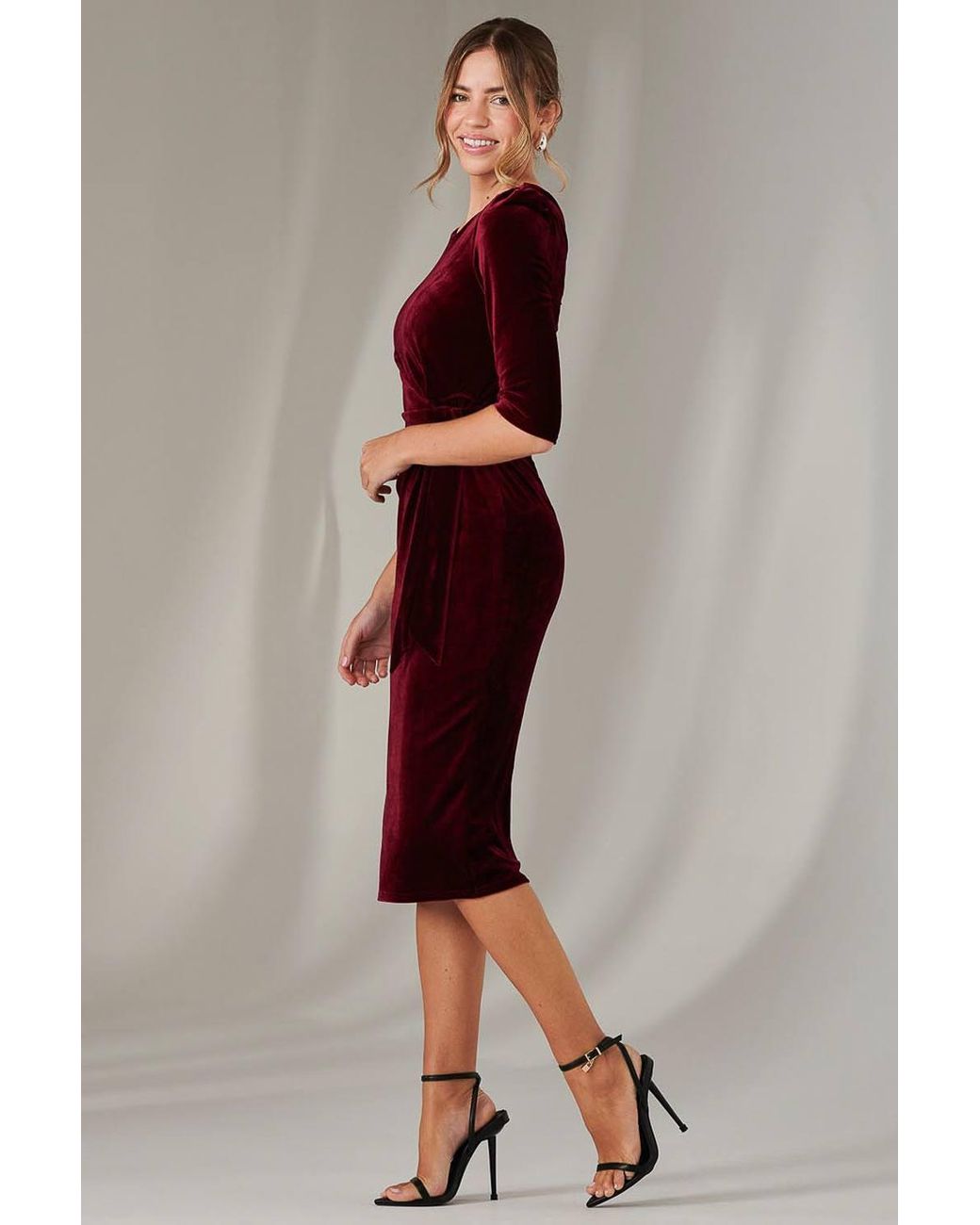 Jolie Moi Red Velvet Side Tie Midi Dress