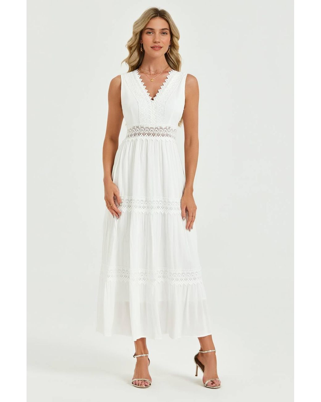 FS Collection White Lace Trim V-Neck Tiered Sleeveless Midi Dress