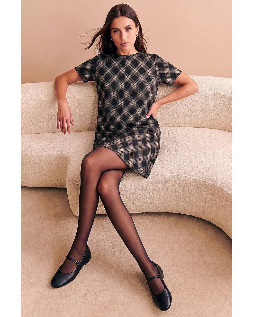 Roman Black Check Print T-Shirt Stretch Dress