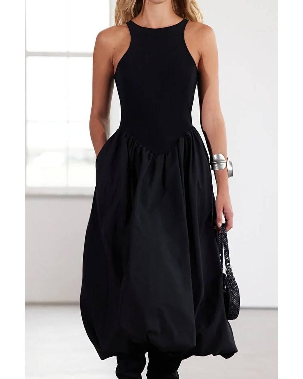 WOVCOR Black High Neck Sleeveless Gathered Midi Dress