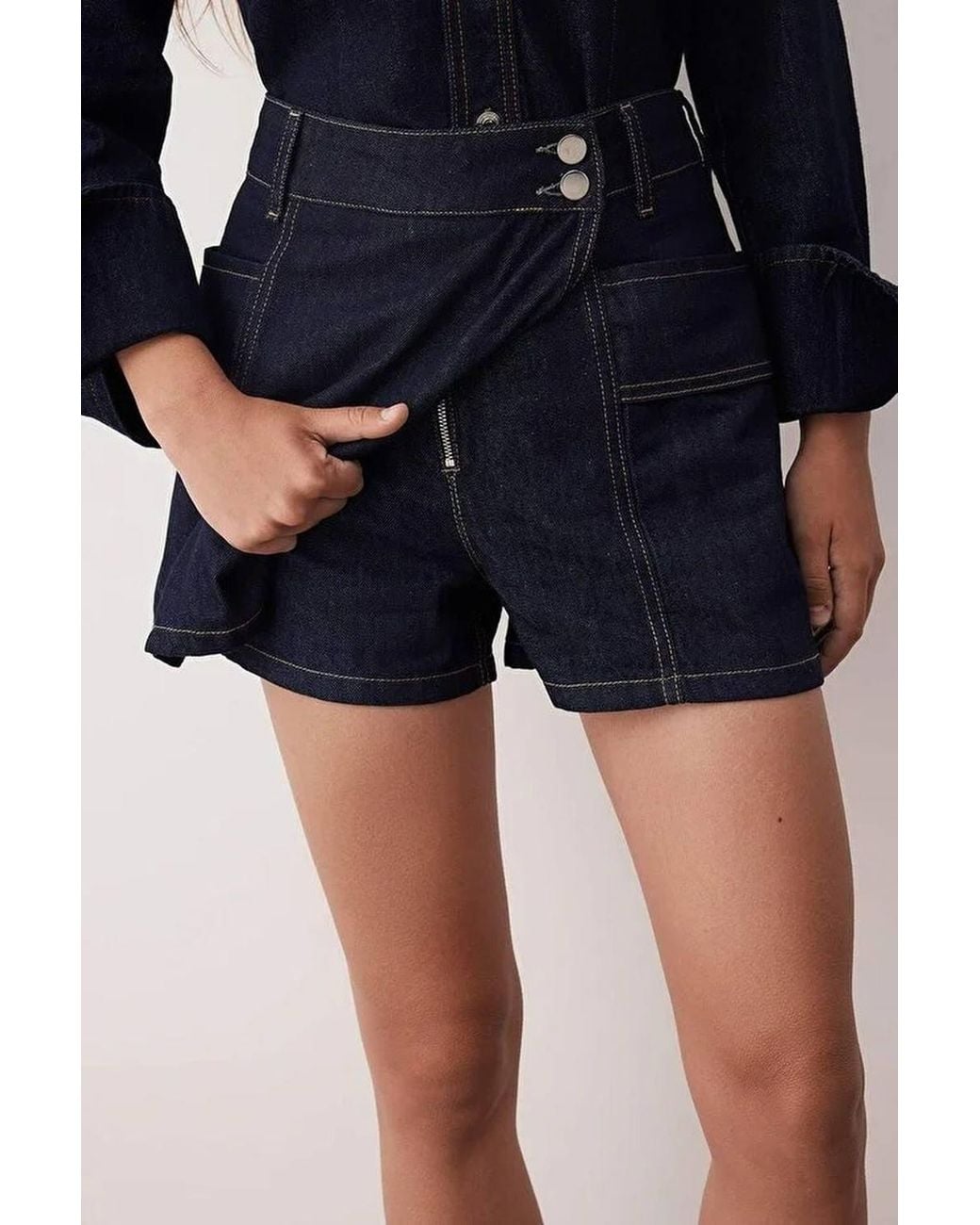 WOVCOR Blue Double Breasted Denim Mini Skort W/ Utility Pocket Detail