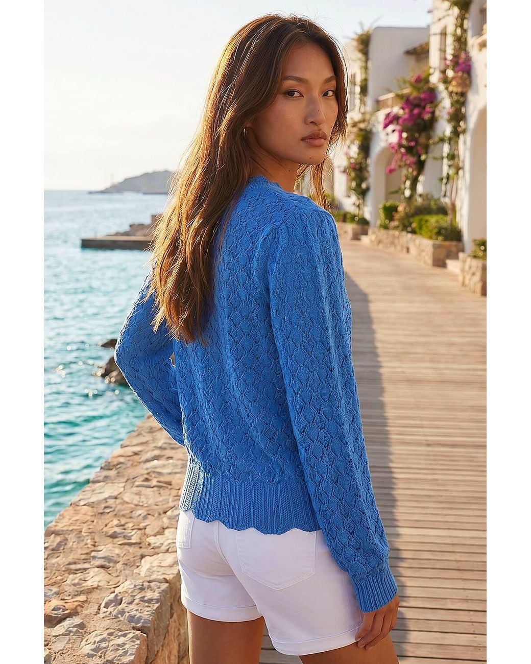 Roman Blue Pointelle Button Knit Cardigan