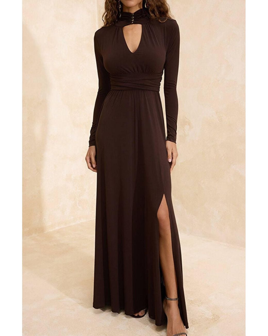 WOVCOR Black High Neck Cut Out Knitted Maxi Evening Dress