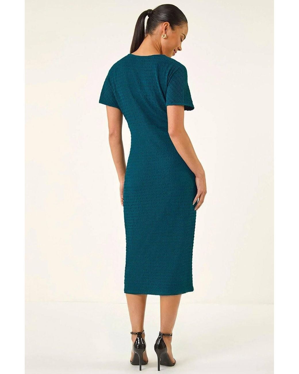 Roman Brown Petite Textured V-Neck Stretch Midi Dress