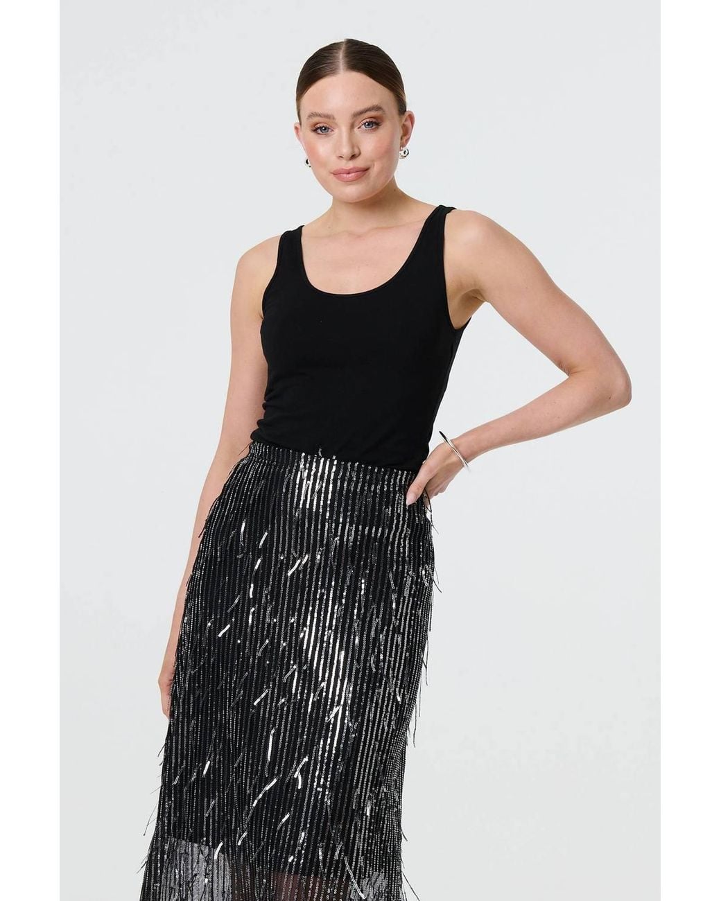 Izabel London Blue Sparkly Striped Mesh Layer Midi Skirt