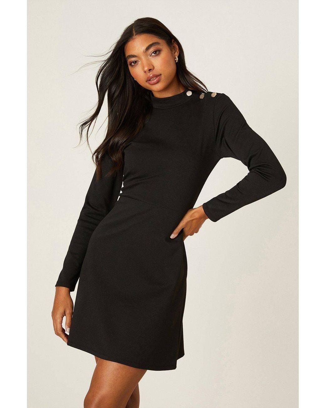 Dorothy Perkins Black Ponte High Neck Button Mini Dress