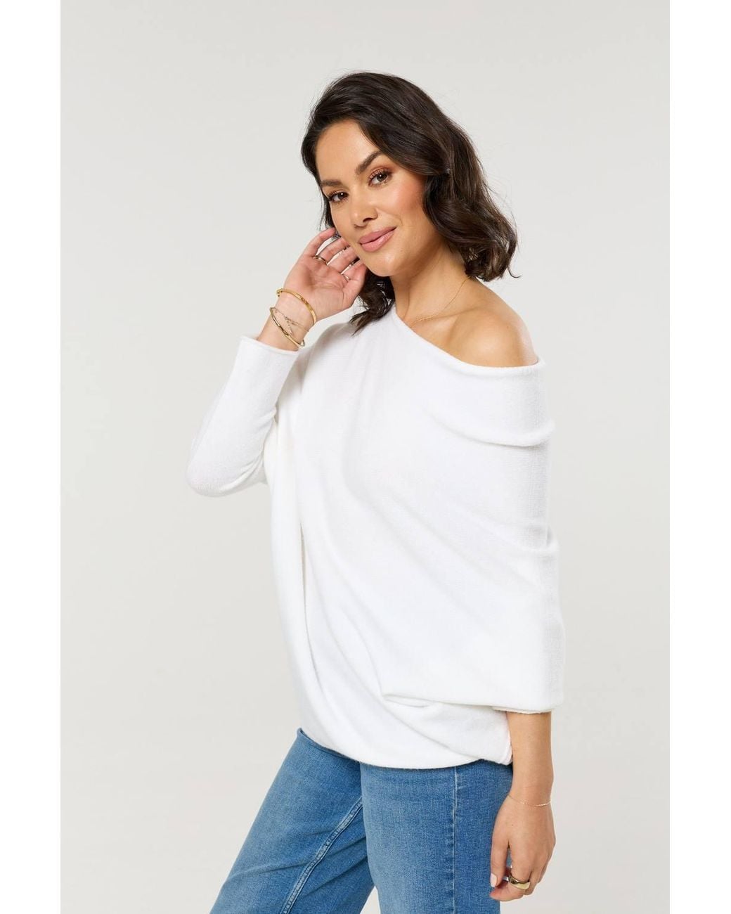 Liquorish White Off-Shoulder Batwing Knit Jumper