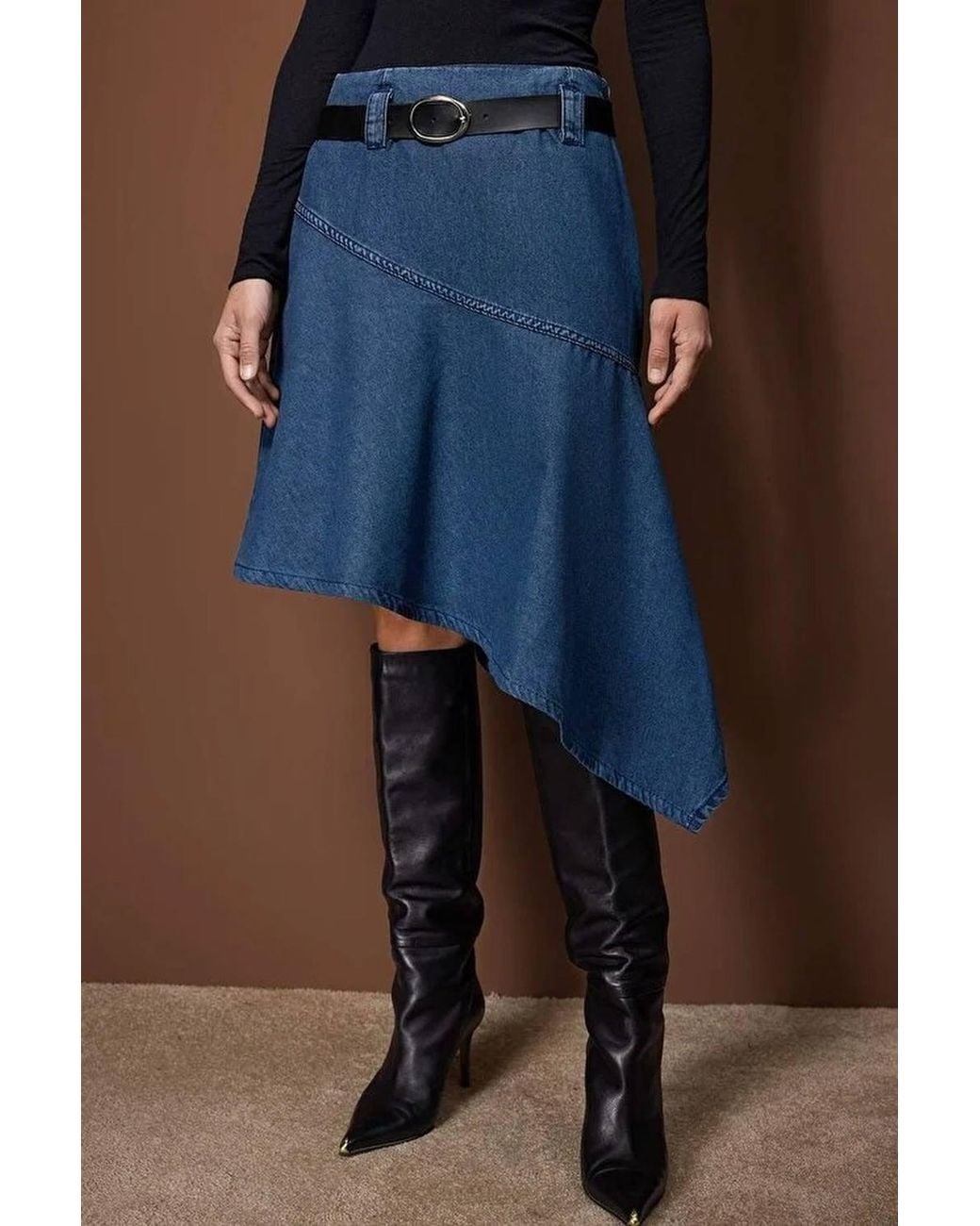 WOVCOR Blue Belted Asymmetrical Midi Denim Skirt