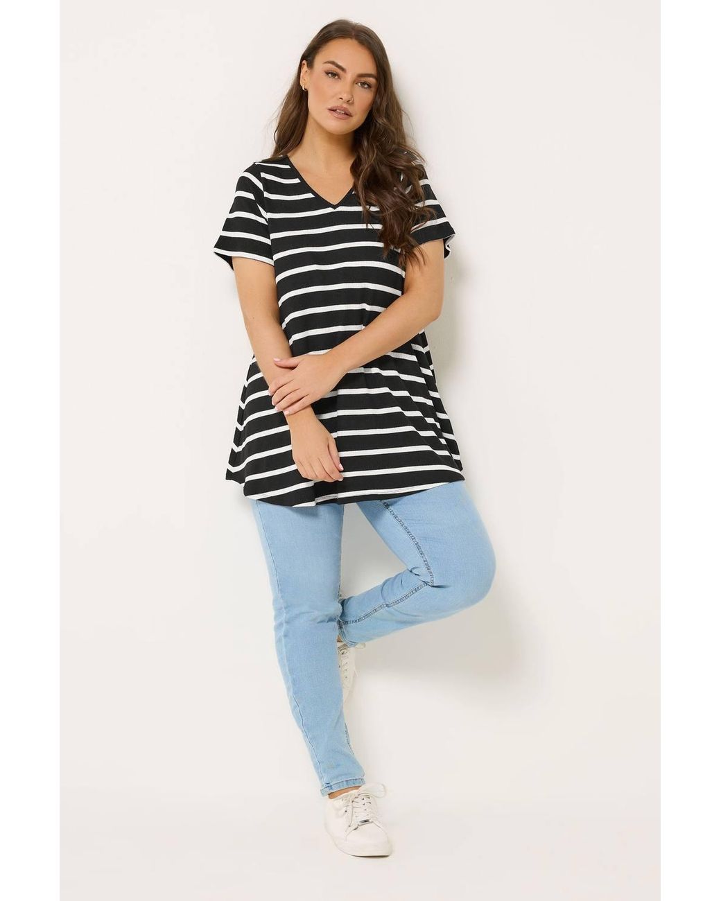 Yours Black V-Neckline Stripe T-Shirt