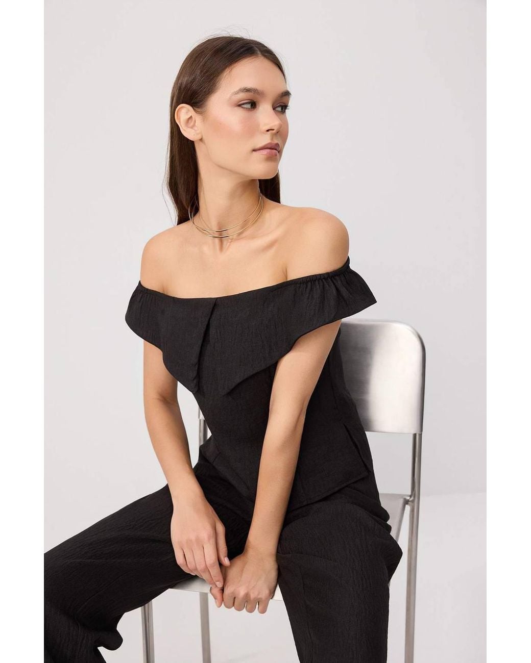 WOVCOR Black 2-Piece Boat Neck Fitted Blouse & Wide Leg Trouser Co-Ord