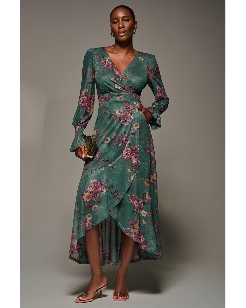 Jolie Moi Green Long Sleeve Frill Hem Mesh Maxi Dress