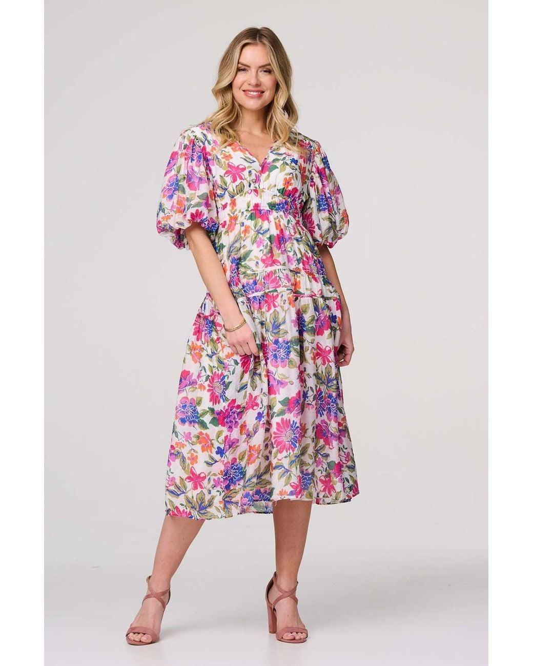 Izabel London Pink Floral 1/2 Puff Sleeve Midi Dress