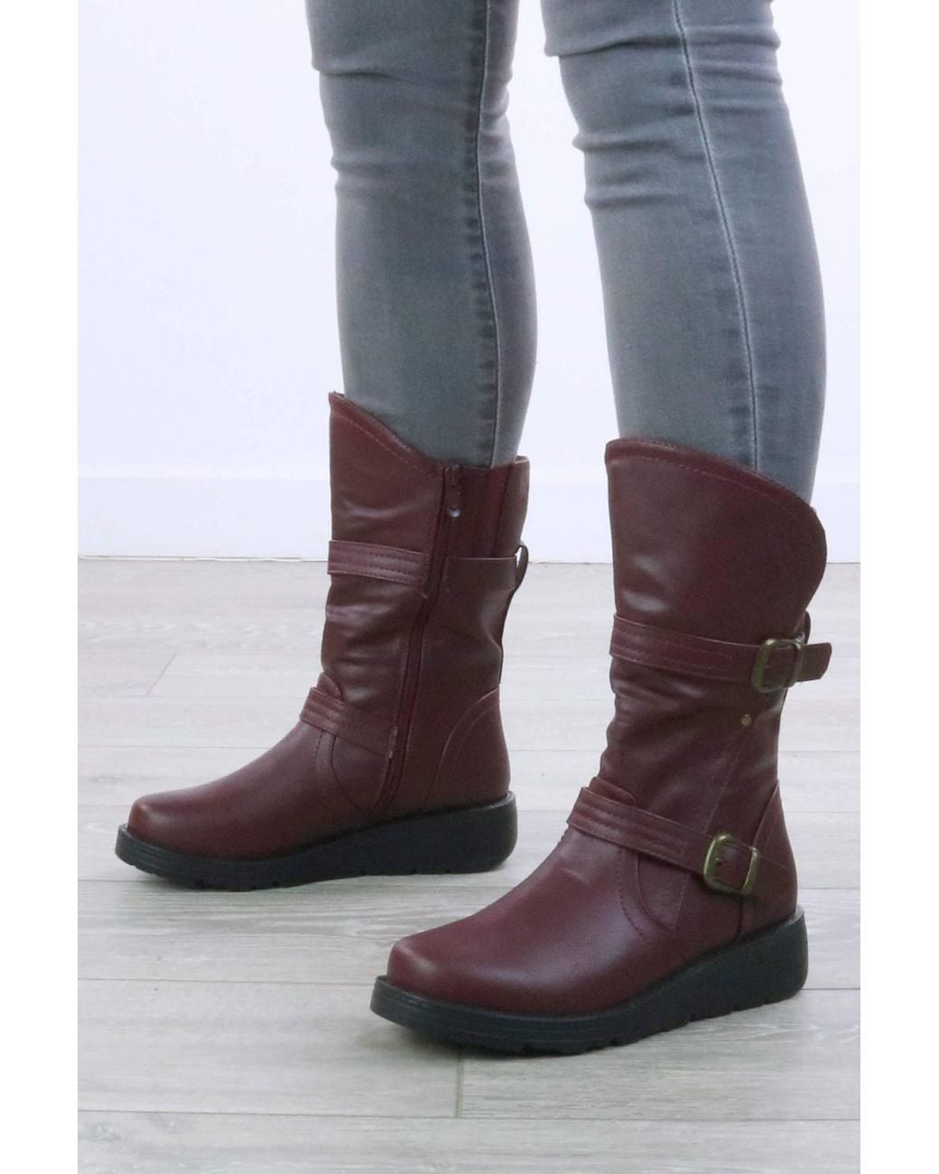 AJVANI Red Low Wedge Biker Comfort Calf Boots