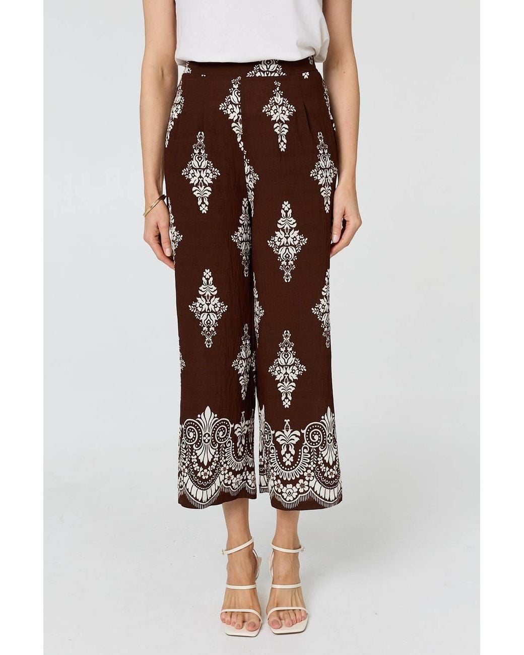 Izabel London White Border Print High Waist Wide Trousers