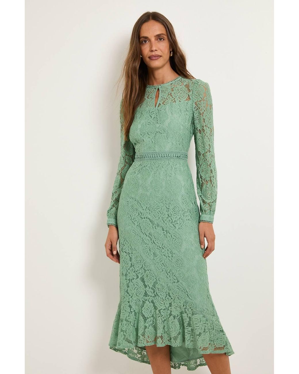 Wallis Green Lace High Neck Ruffle Midi Dress