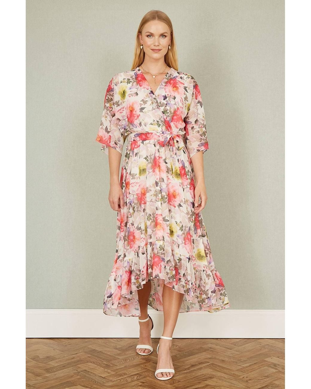 Yumi' Pink Vintage Floral Wrap Midi Dress W/ Frill