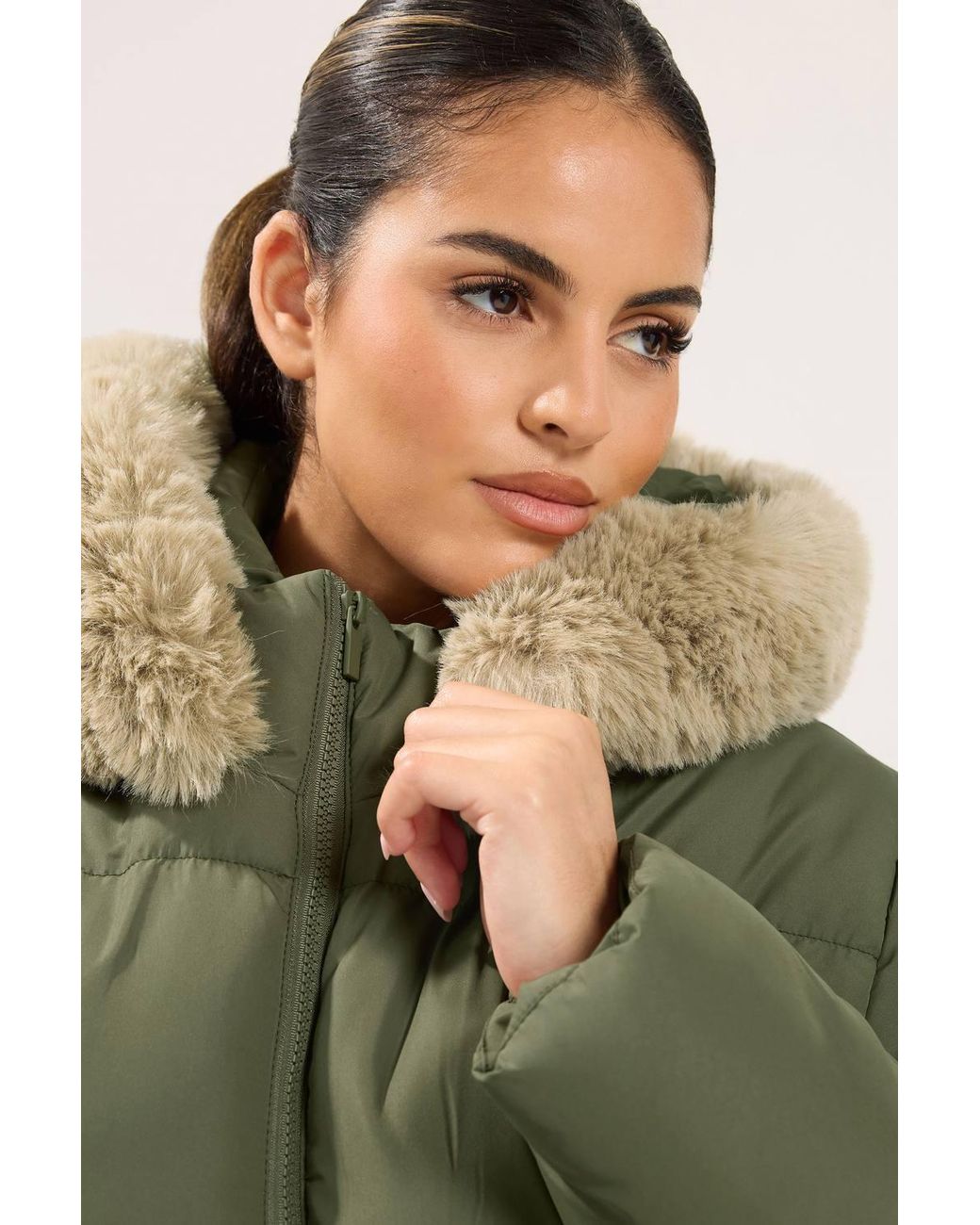 Yours Green Faux Fur Trim Padded Puffer Coat