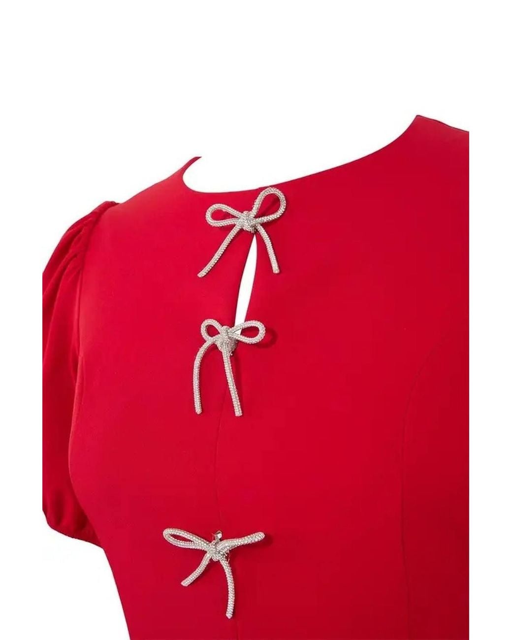 WOVCOR Red Crew Neck Bow Detail Puff Sleeve Midi Dress