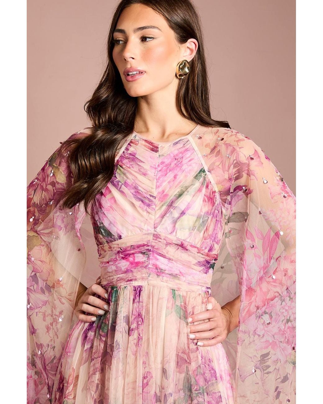 Coast Pink Petite Pleated Mesh Printed Cape Maxi Dress With Gemstones