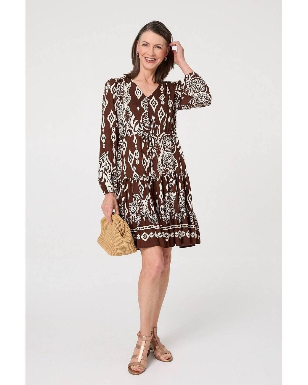 Izabel London Brown Printed Tiered V-Neck Knee Length Dress