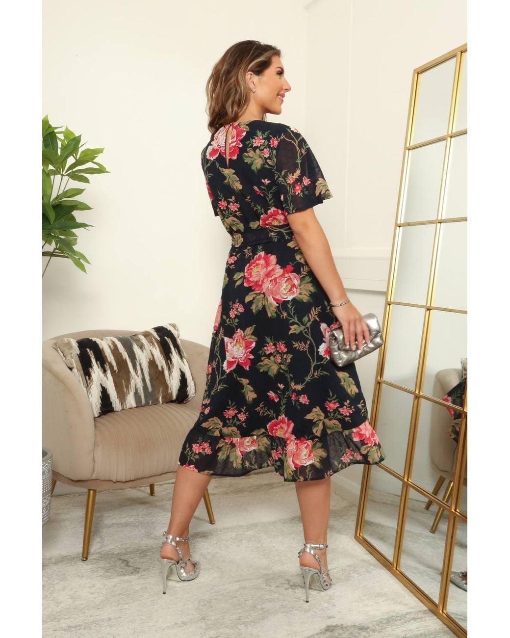 Double Second Black Floral Printed Midi Wrap Dress