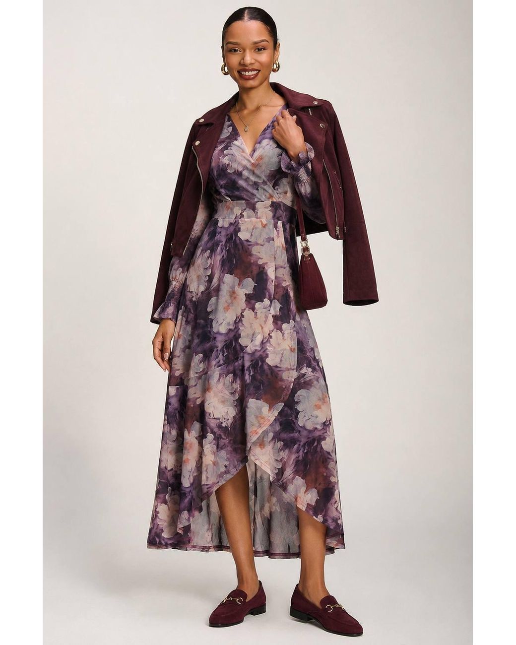Jolie Moi Purple Ruffle Cuffed Sleeve Frill Mesh Maxi Dress