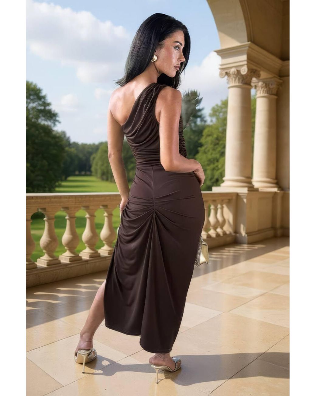 AX Paris Brown One Shoulder Knot Skirt Midi Dress
