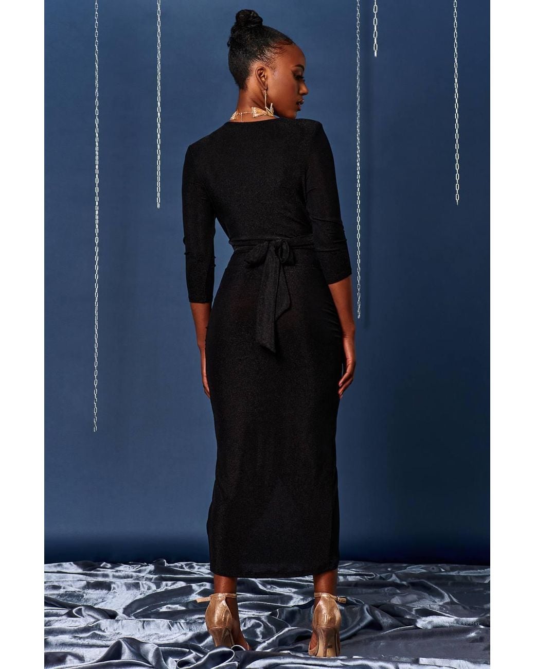 Jolie Moi Black Wrap Sparkly Maxi Bodycon Dress