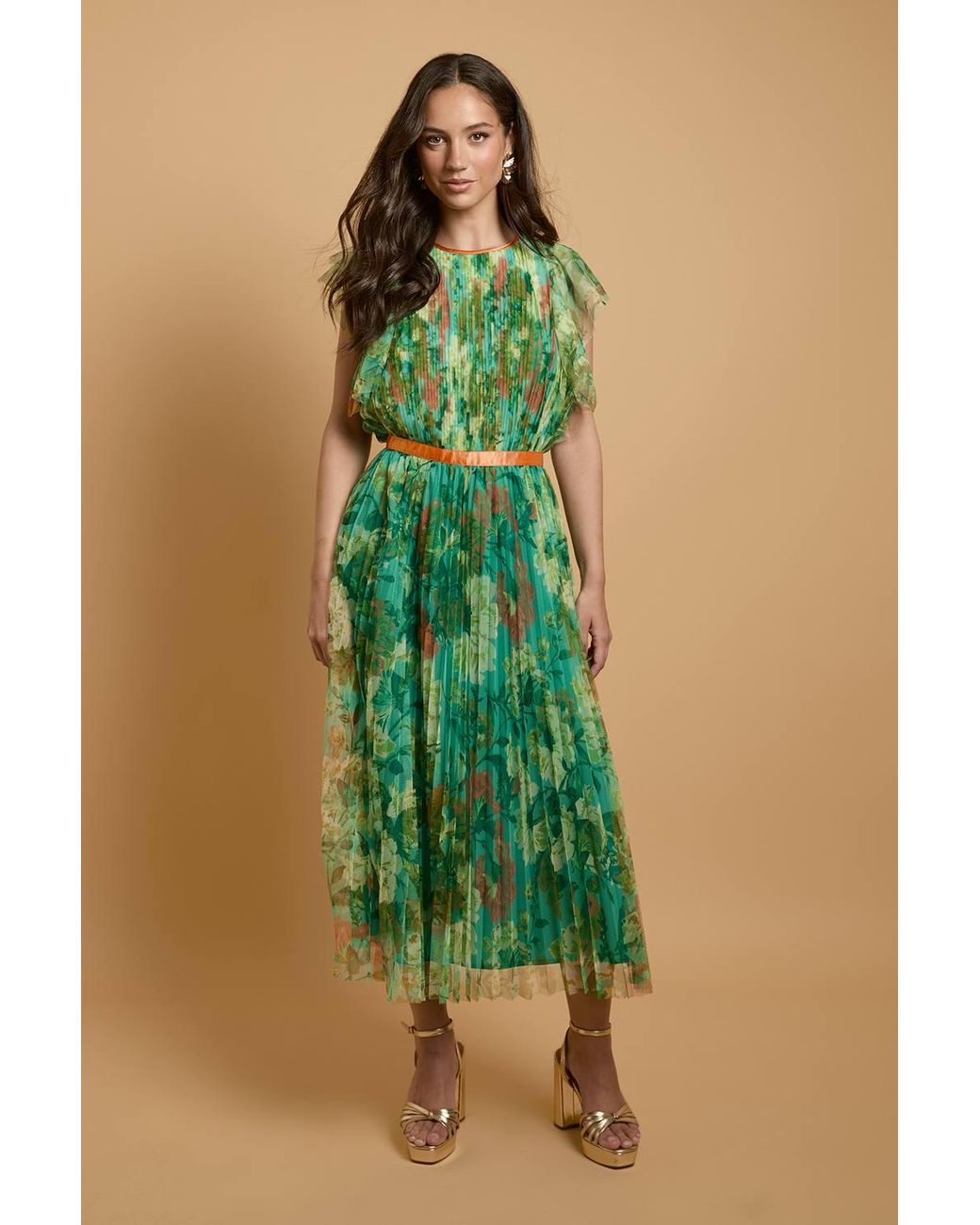 Oasis Green Printed Pleated Mesh Midi Dress With Flutter Sleeve
